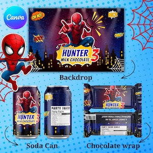 Spider man Party favor bundle, Spider man Party Decor, Birthday Decor, Chip bag, Water bottle label, Chocolate Wrapper, Caprisun Label