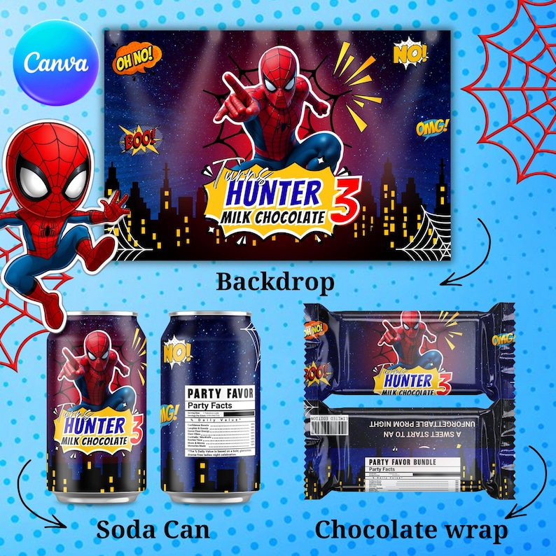 Spider man Party favor bundle, Spider man Party Decor, Birthday Decor, Chip bag, Water bottle label, Chocolate Wrapper, Caprisun Label