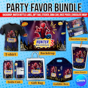 Spider man Party favor bundle, Spider man Party Decor, Birthday Decor, Chip bag, Water bottle label, Chocolate Wrapper, Caprisun Label