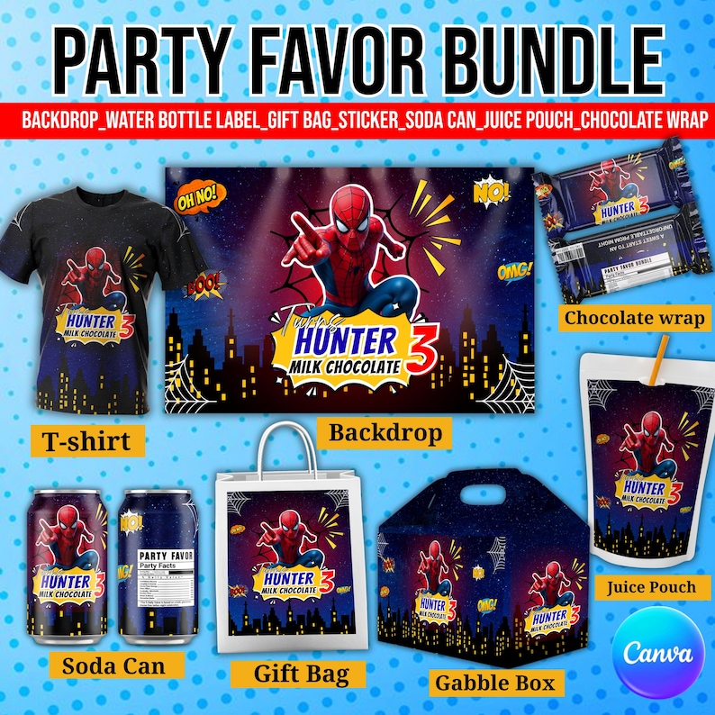 Spider man Party favor bundle, Spider man Party Decor, Birthday Decor, Chip bag, Water bottle label, Chocolate Wrapper, Caprisun Label