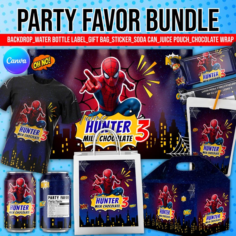 Spider man Party favor bundle, Spider man Party Decor, Birthday Decor, Chip bag, Water bottle label, Chocolate Wrapper, Caprisun Label