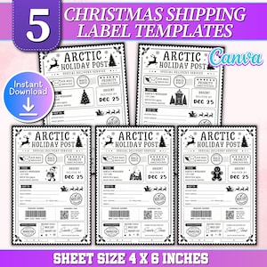 5 modelos de etiquetas de envio de Natal para Canva | 5 designs | Etiquetas editáveis ​​para impressora térmica de 15 x 10 cm (6 x 4 polegadas) para envio de correspondências de Natal (PNG)