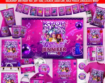 Kpop Demon Hunter Birthday Bundle, Editable Party Labels, Anime Birthday Decorations, Kids Birthday Favors, Kpop Printable Canva Template