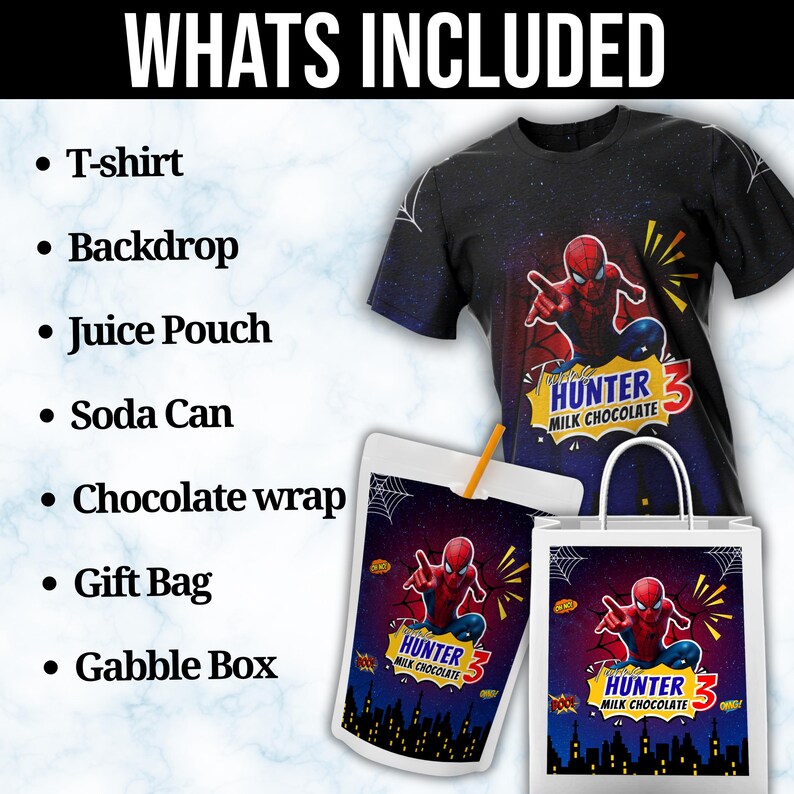 Spider man Party favor bundle, Spider man Party Decor, Birthday Decor, Chip bag, Water bottle label, Chocolate Wrapper, Caprisun Label