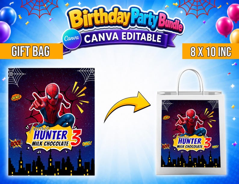 May include: A digital birthday party bundle featuring a Spider-Man graphic with the text Hunter 3 Milk Chocolate. The design includes a gift bag template measuring 8 x 10 inches, a city skyline silhouette, spider webs, and comic book style accents.