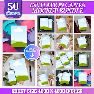 Puede incluir: Un paquete digital de 50 maquetas de invitación con un gráfico de paisaje de una nube blanca sobre colinas verdes contra un cielo azul. La colección incluye varios entornos de visualización, una pantalla de teléfono inteligente y el texto 50 Canva Invitation Canva Mockup Bundle.