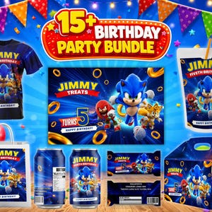 Sonic The Hedgehog Birthday Party Favor Bundle Editable Canva Template, Printable Chip Bag, Water Bottle, Gable Box Labels Digital Download