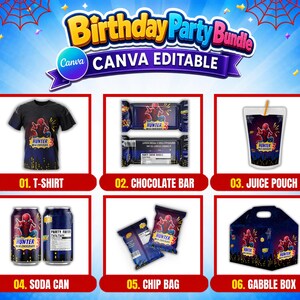 May include: A digital birthday party bundle template featuring a black t-shirt, chocolate bar wrapper, juice pouch, soda can label, chip bag, and gable box. Each item displays a superhero graphic, the name Hunter, and the number 3.