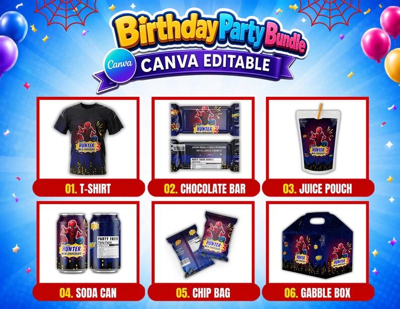 May include: A digital birthday party bundle template featuring a black t-shirt, chocolate bar wrapper, juice pouch, soda can label, chip bag, and gable box. Each item displays a superhero graphic, the name Hunter, and the number 3.