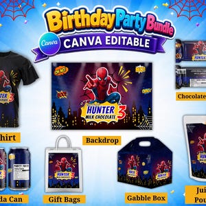 May include: A digital birthday party bundle featuring Spider-Man graphics with the text Hunter 3 Milk Chocolate. Includes a t-shirt, backdrop, chocolate wrap, soda can labels, gift bag, gable box, and juice pouch design, all editable in Canva.
