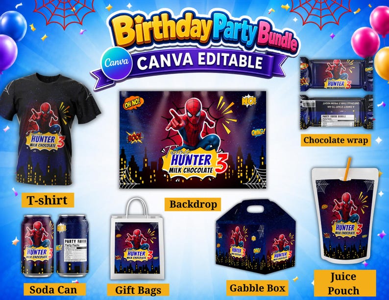 May include: A digital birthday party bundle featuring Spider-Man graphics with the text Hunter 3 Milk Chocolate. Includes a t-shirt, backdrop, chocolate wrap, soda can labels, gift bag, gable box, and juice pouch design, all editable in Canva.