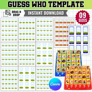 Könnte beinhalten: Eine digitale Guess Who-Vorlage mit mehreren Blättern mit Rasterlayouts für Charakterkarten, einschließlich eines blauen und eines roten Spielbretts mit illustrierten Gesichtern. Der Text lautet Guess Who Template, Instant Download, 09 Sizes und Canva.
