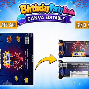 May include: A digital template for a 6.5 x 5.3 inch chocolate bar wrapper featuring a superhero graphic, comic book style text like POW and OMG, and a city skyline. The design includes a nutrition label, barcode, and space for personalization.