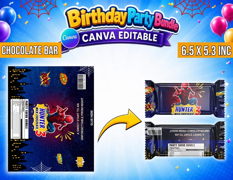 May include: A digital template for a 6.5 x 5.3 inch chocolate bar wrapper featuring a superhero graphic, comic book style text like POW and OMG, and a city skyline. The design includes a nutrition label, barcode, and space for personalization.