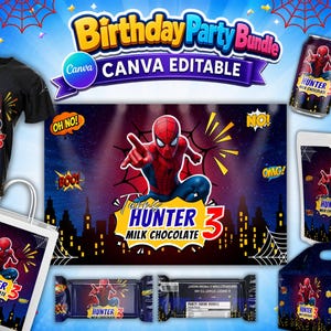 May include: A digital birthday party bundle featuring Spider-Man graphics, including a black t-shirt, chocolate bar wrappers, a gift bag, and party favor boxes. The designs display the text Hunter, 3, and Milk Chocolate with comic book style accents.