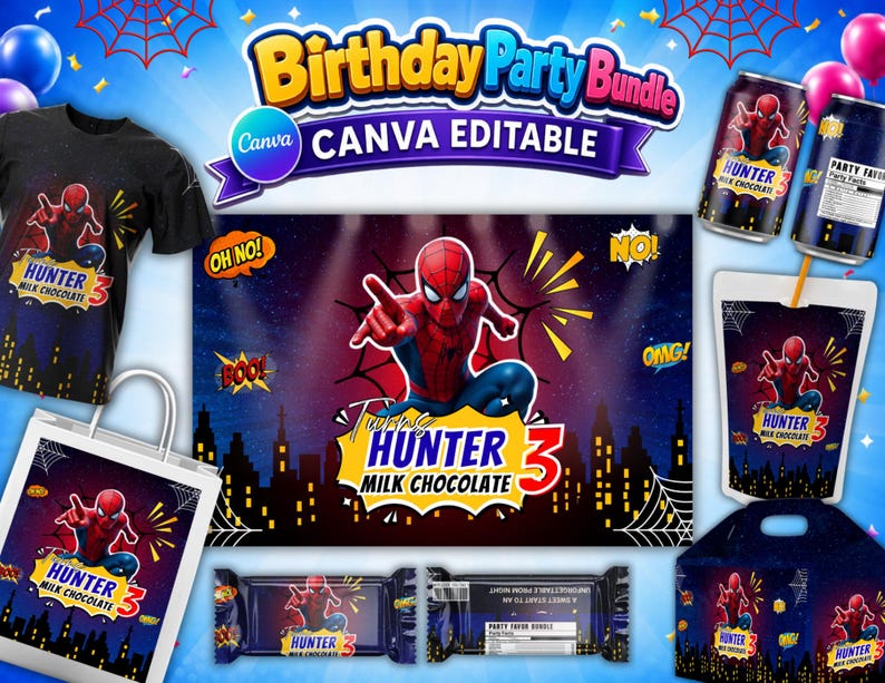 May include: A digital birthday party bundle featuring Spider-Man graphics, including a black t-shirt, chocolate bar wrappers, a gift bag, and party favor boxes. The designs display the text Hunter, 3, and Milk Chocolate with comic book style accents.