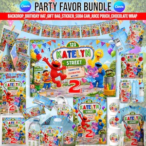 May include: A party favor bundle featuring Sesame Street characters, including a backdrop, birthday hat, gift bag, stickers, soda can labels, juice pouch labels, and chocolate wrappers, all personalized with the name Katelyn and the number 2.