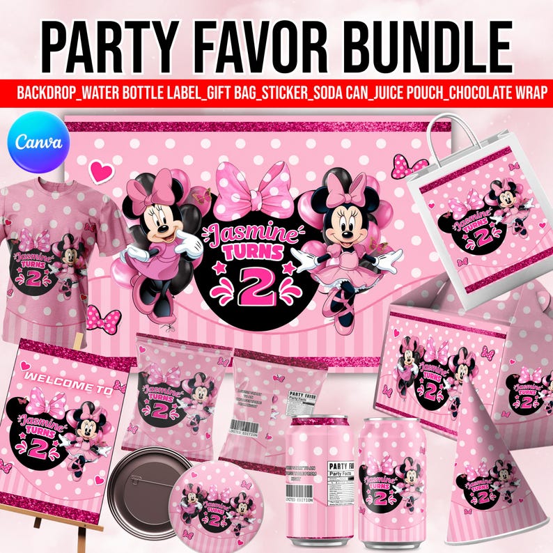 Minnie Mouse Birthday 11 Party Favors, Minnie Birthday Printables, Chip Bag, Capri Sun, Water Bottle, Gable Box Label, Minnie Birthday Favor