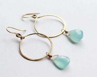 Blue Chalcedony Earrings, Gemstone Hoop Earrings, Chalcedony Hoop Earrings, Blue Earrings, Stone Hoop Earrings, Dangle Hoop Earrings gold