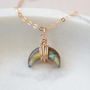 Labradorite Tusk Necklace, Double Horn Necklace, Crescent Moon Necklace Gold, Labradorite Moon Pendant Necklace, Gold Labradorite Necklace