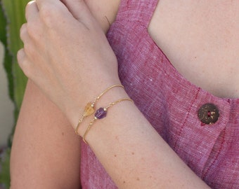 Pulsera de amatista genuina ajustable, pulsera de amatista en bruto para mujer, piedra natal de febrero, delicada pulsera de amatista, amatista dorada.