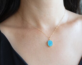 Gold Turquoise Necklace, Turquoise Drop Necklace, Crystal Drop Necklace, Gold Turquoise Pendant Necklace for Women, Blue Gemstone Necklace