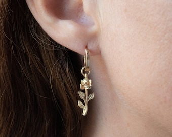 Gold Rose Earrings, Dangle Flower Earrings, Rose Flower Earrings Gold, Gold Filled Huggie Earrings, Dainty Rose Drop Earrings