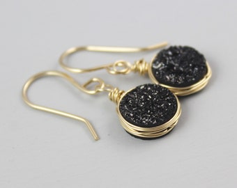 Black Druzy Earrings Dangle, Black Druzy Drop Earrings, Gemstone Dainty Earrings, Small Raw Stone Earrings, Black Crystal Earrings