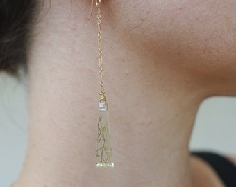 Golden Rutilated Quartz earrings, Rutile Quartz Dangles, boho wedding earrings, long Gold earrings dangle, tourmilated quartz chain earrings