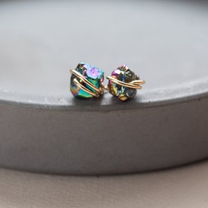 Rainbow Quartz Stud Earrings, Raw Stone Stud Earrings, Raw Titanium Quartz Earrings, Wire Wrapped Stud Earring Gold filled, Sterling Silver