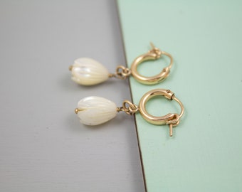 Pikake Earrings, Mother of Pearl Huggie Earrings, Hawaii Flower Earrings, Gold filled Huggie Earrings, Sterling Silver Huggie Hoop Earrings