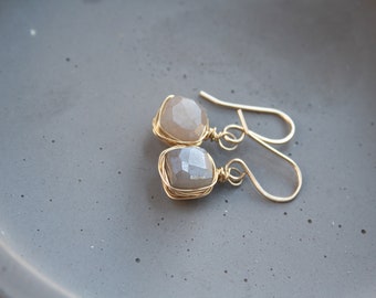 Small Gemstone Earrings, Silverite Earrings, Gold Drop Earrings, Dainty Gold Dangle Earrings, Wire Wrapped Earrings, Gift for Wife, Silver