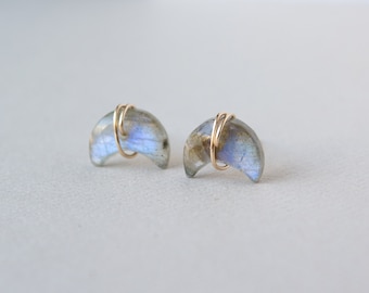 Labradorite Crescent Moon Stud Earrings, Crescent Moon Studs , Labradorite Gold Earrings, Delicate Labradorite Earrings, Gemstone posts