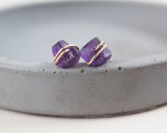 Raw Amethyst Stud Earrings, Purple Crystal Stud Earrings, Raw Amethyst Earrings Studs Gold filled, Sterling Silver, Raw Stone Stud Earrings