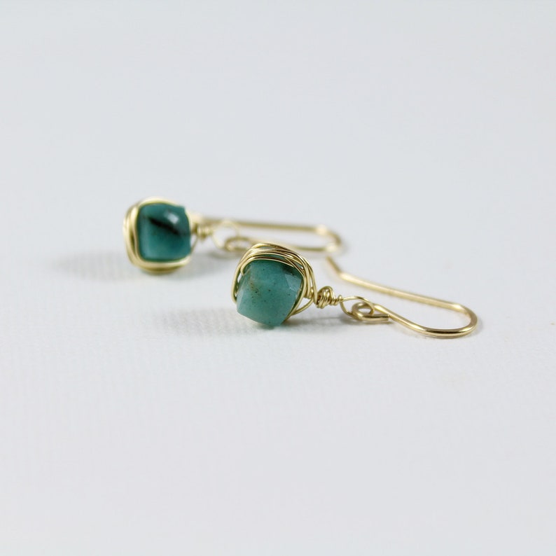 Green Chrysocolla Earrings, Wire Wrapped Earrings, Green Stone Earrings, Green Earrings, Small drop earrings gold filled, Tiny Drop Earrings image 2