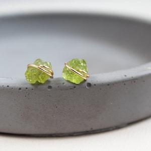 Raw Peridot Stud Earrings, Light Green Stud Earrings, Raw Peridot Earrings Wire wrapped in 14k Gold Filled or Sterling Silver, Simple Studs