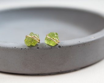 Raw Peridot Stud Earrings, Light Green Stud Earrings, Raw Peridot Earrings Wire wrapped in 14k Gold Filled or Sterling Silver, Simple Studs
