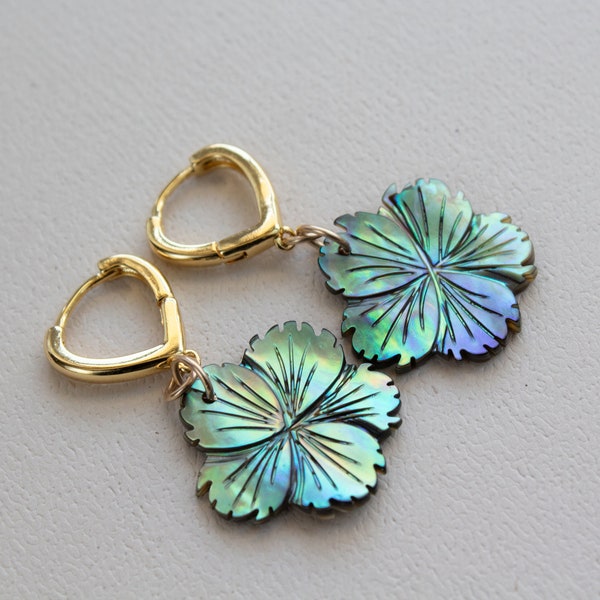 Green Flower Earrings, Abalone Shell Earrings, Floral Earrings,  Hawaiian Earrings, Paua Hibiscus Earrings, Delicate Charm Huggie Hoops