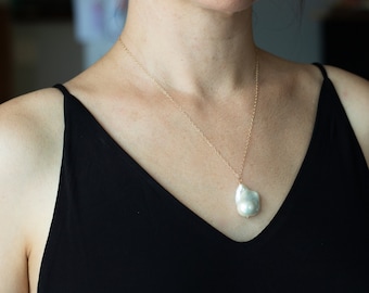 Genuine Large White Baroque Pearl Necklace Gold Filled, Freshwater Pearl Pendant Necklace Bridal Jewelry