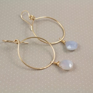Blue Lace Agate Gold Hoop Earrings: 14k Gold Filled, Gemstone Briolettes