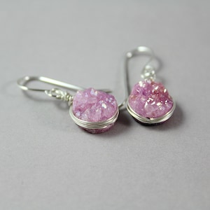Pink Druzy Earrings Dangle Bridesmaid, Druzy Drop Earrings Sterling Silver, Hot Pink Sparkly Earrings, Raw Druzy Geode Earrings