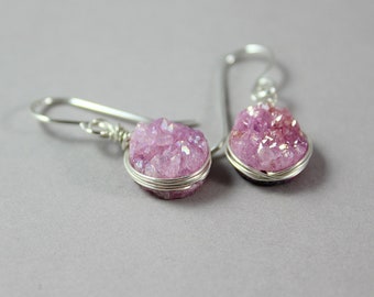 Pink Druzy Earrings Dangle Bridesmaid, Druzy Drop Earrings Sterling Silver, Hot Pink Sparkly Earrings, Raw Druzy Geode Earrings