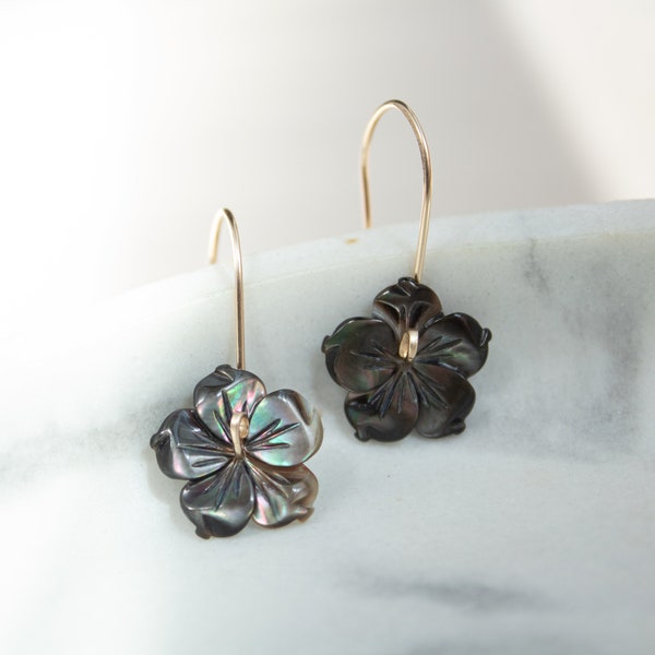 Carved Flower Earrings, Tiny Flower Earrings, Black Mother of Pearl Drop Earrings, Flower Threader Earrings, Floral Earrings Gold Filled