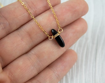 Dainty Black Onyx Necklace for Women, Real Onyx Necklace Gold, Simple Tiny Gemstone Necklace, Gold Onyx Crystal Necklace Gift for Her Silver