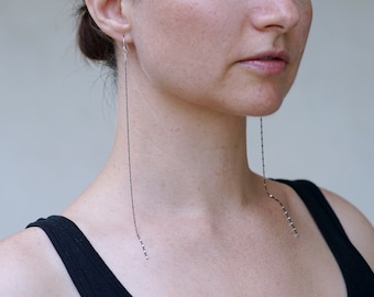 Black extra long earrings, oxidized sterling silver long chain earrings dangle, shoulder duster earrings, Long black earrings women