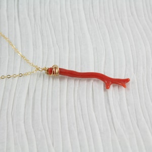 Puede incluir: Un collar de cadena de oro con un colgante de rama de coral rojo. La rama de coral est&aacute; envuelta en alambre de oro en la parte superior.