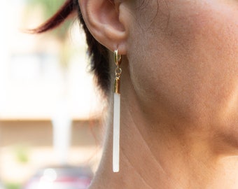 Raw Selenite Earrings, Gold Filled Gemstone Huggie Earrings, Selenite Pendant Earrings, Gold Huggie Hoop Earrings, Super Long Earrings