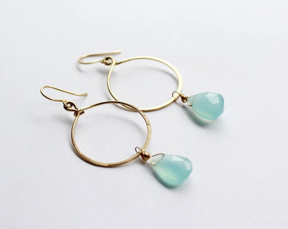 Blue Chalcedony Earrings, Gemstone Hoop Earrings, Chalcedony Hoop Earrings, Blue Earrings, Stone Hoop Earrings, Dangle Hoop Earrings gold