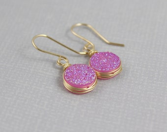 Bright Pink Druzy Earrings, Druzy Drop Earrings, Pink Gemstone Earrings, Pink Sparkly Earrings, Pink Earrings, Gold Silver Drop Earrings