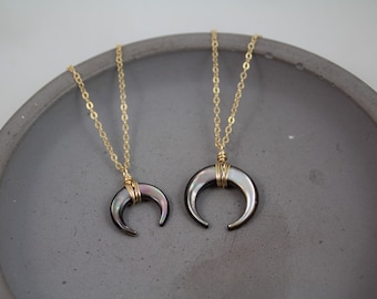 Black Crescent Moon Pendant Necklace, Sterling Silver, Rose Gold, Gold Filled, Mother of Pearl Moon Necklace, double horn necklace, tusk